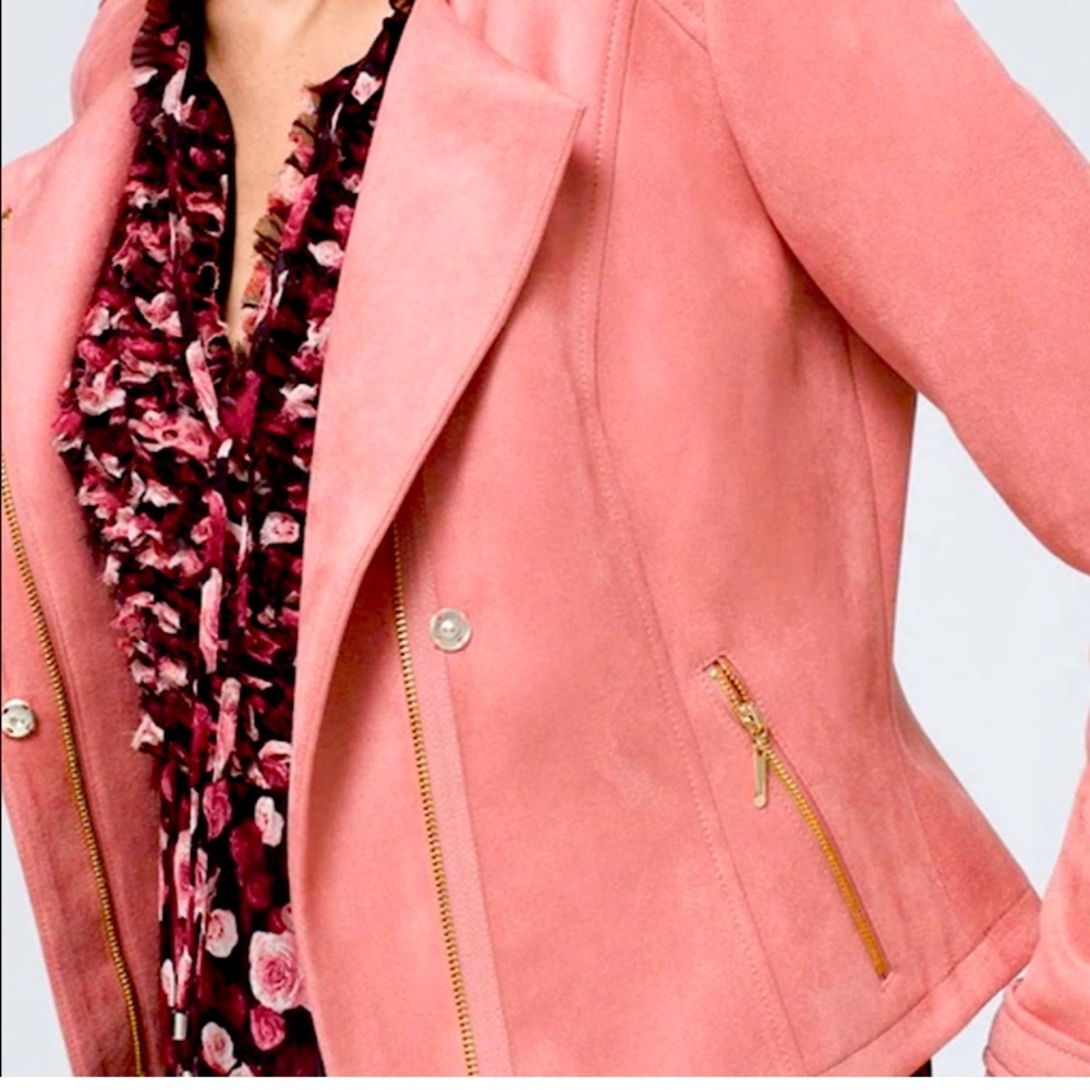 White House Black Market salmon faux suede skirt set with moto style blazer NWT